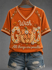 Women's With GOD All Things Are Possible Printed V-neck T-shirt