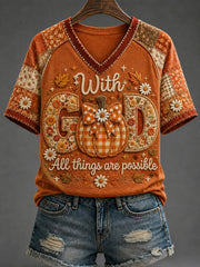 Women's With GOD All Things Are Possible Printed V-neck T-shirt