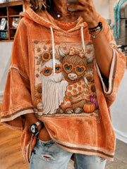 Women's Halloween Fall Highland Cow Printed Short-Sleeve Hoodie