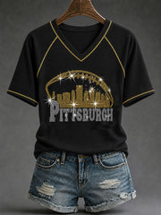 Women's Pittsburch Football V-neck off-shoulder T-shirt
