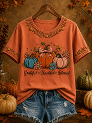 Women's Thanksgiving Thankful Grateful Blessed Pumpkin Art Print Short Sleeve T-shirt