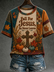 Women's Fall Jesus Cross Art Short Sleeve T-shirt