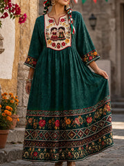 Women's Mexico Lele Doll Floral Art Printed Linen Dress