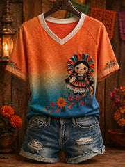 Women's Mexico Lele Doll Floral Art Printed T-shirt