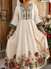 Women's Mexico Lele Doll Floral Art Printed Linen Dress