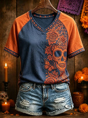 Women's Mexico Day of The Dead Floral Art Printed T-Shirt