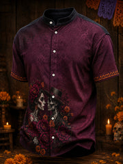 Men's Mexico Day of The Dead Floral Art Printed Linen Shirt