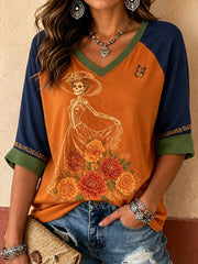 Women's Mexico Day of The Dead Floral Art Printed Linen T-Shirt