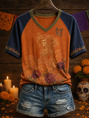Women's Mexico Day of The Dead Floral Art Printed T-Shirt