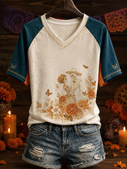 Women's Mexico Day of The Dead Floral Art Printed T-Shirt