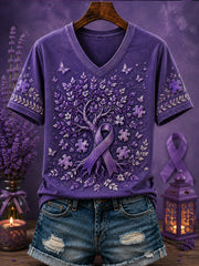 Women's Purple Flora Art Printed V-neck T-shirt