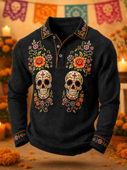 Men's Mexico Day of The Dead Art Print Casual long sleeve polo