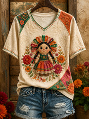 Women's Mexico Lele Doll Floral Art Printed T-shirt