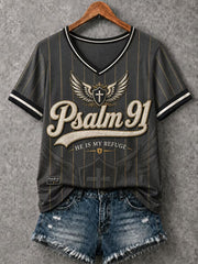 Women's Christian Psalm 91 "He Is My Refuge" V-Neck Short Sleeve T-shirt