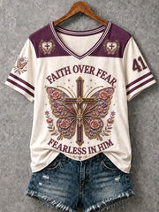 Women's Christian Faith Over Fear Butterfly Cross V-Neck Short Sleeve T-shirt