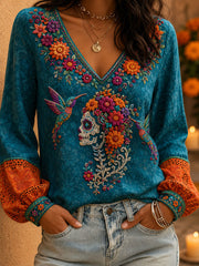 Women's Mexico Day of The Dead Floral Art Printed Tops