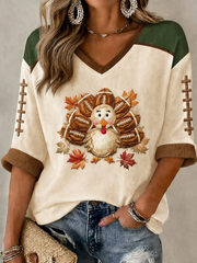 Women's Fun Turkey Football Mid-length Sleeves V-Neck T-Shirt
