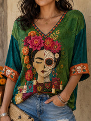 Women's Mexico Day of The Dead Floral Art Printed T-shirt