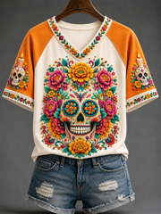 Women's Day Of The Dead V-neck Off-shoulder Short-sleeved T-shirt