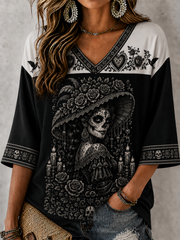 Women's Day Of The Dead Mid-length Sleeves V-Neck T-Shirt