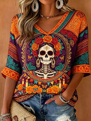 Women's Mexico Day of The Dead Floral Art Printed T-shirt