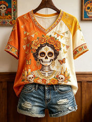 Women's Mexico Day of The Dead Floral Art Printed T-shirt
