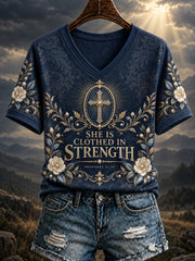 Women's SHE IS CLOTHED IN STRENGTH PROVERBS 31:25 Printed V-neck T-shirt