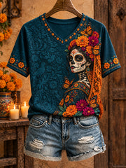 Women's Mexico Day of The Dead Floral Art Printed T-shirt