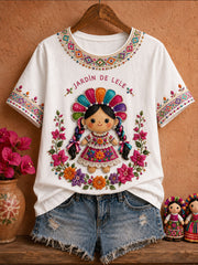 Women's Mexico Folk Floral Art Printed T-Shirt