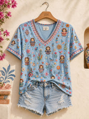Women's Mexico Folk Floral Art Printed T-Shirt