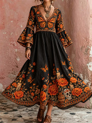 Women's Day of the Dead Monarch Butterflies & Marigolds Floral Print Flare Flowy Maxi Dress