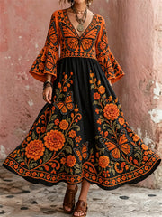 Women's Day of the Dead Monarch Butterflies & Marigolds Floral Print Flare Flowy Maxi Dress