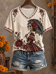 Women's Mexico Day of The Dead Floral Art Printed T-shirt