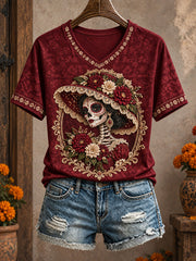 Women's Mexico Day of The Dead Floral Art Printed T-shirt