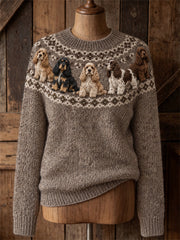 Women's Vintage Lovely Cocker Spaniel Dogs Yoke Isle Print crew neck sweater