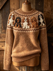 Women's Vintage Cavalier Dogs Yoke Isle Print Cozy crew neck sweater