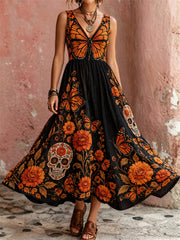 Women's Day of the Dead Butterfly Sugar Skulls Marigolds Floral Print Maxi Dress