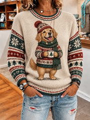 Women's Cute Winter Dog Print Casual Sweater