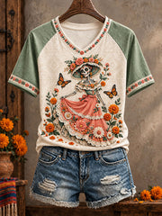 Women's Mexico Day of The Dead Floral Art Printed T-shirt