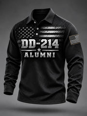 Men's Veterans Day DD-214 Alumni US Flag Print Casual Long Sleeve Polo