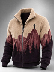 Men's Vintage Cross Mountains Forest Landscape Contrast Print Flannel Jacket