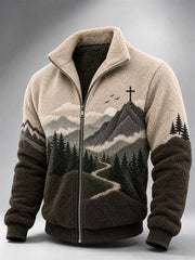 Men's Vintage Cross Mountains Forest Landscape Contrast Print Flannel Jacket