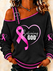 Women's Breast Cancer Awareness Pink Ribbon Support Print Casual Off-Shoulder Sweatshirt