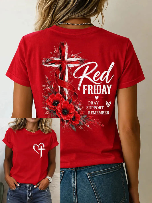 Women's Red Friday Printed Casual T-Shirt