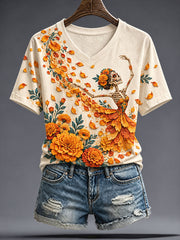Women's Mexico Day of The Dead Floral Art Printed T-shirt