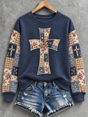 Women's Floral Cross Faith Patchwork Print Casual Sweatshirt