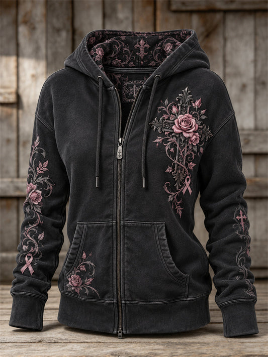 Women's Vintage Pink Ribbon Gothic Cross Roses Floral Art Print Full Zip Hoodie