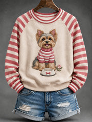 Women's Cute Yorkshire Terrier Dog Print Striped Raglan Sleeve Sweatshirt