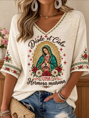 Women's Our Lady of Guadalupe Day Faith Lover Art Printed T-shirt