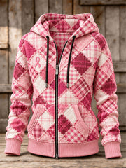 Women's Breast Cancer Awareness Checkered Pattern Zip-Up Hoodie